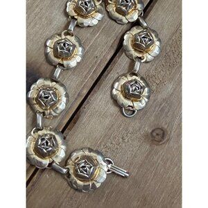 Vintage Gold-Tone Rose Link Bracelet With Box 7.5" Elegant Floral Design Jewelry